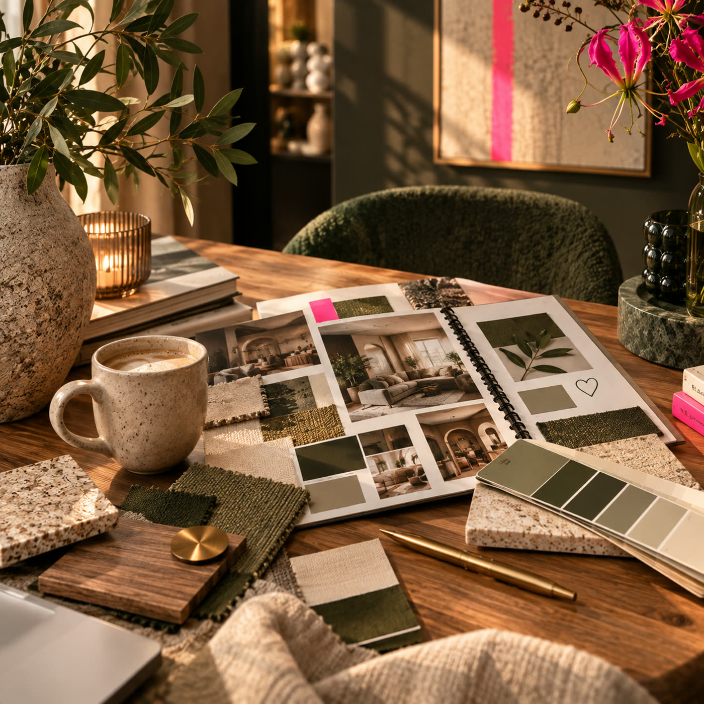 Woonkamer met een moodboard op de salontafel tijdens een sessie aan huis