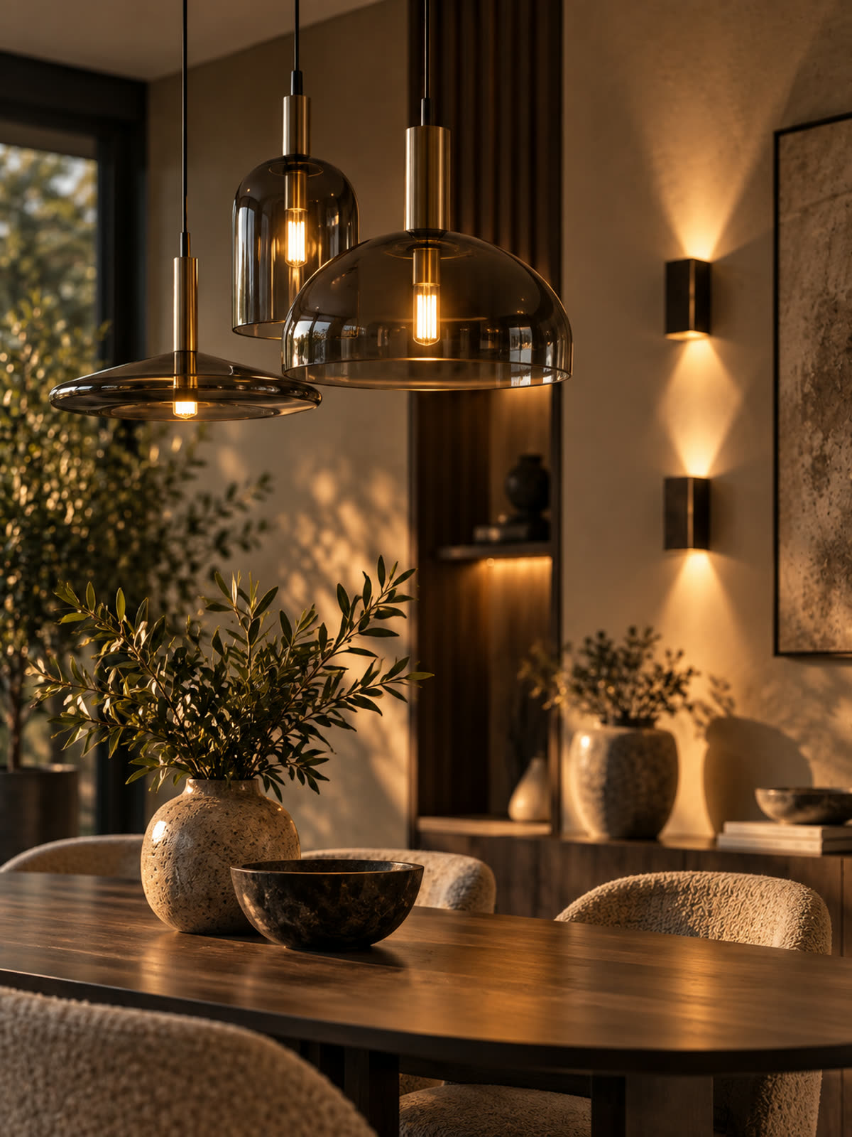 Zithoek met sfeerverlichting van een hanglamp en een schemerlamp